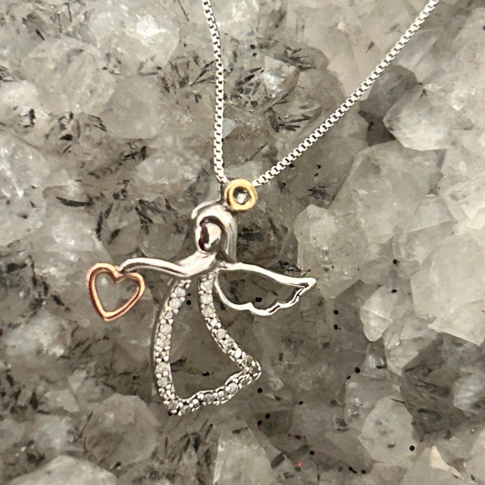 16" Diamond, Sterling and 14KT Angel and Heart Necklace - Picture 3 of 4
